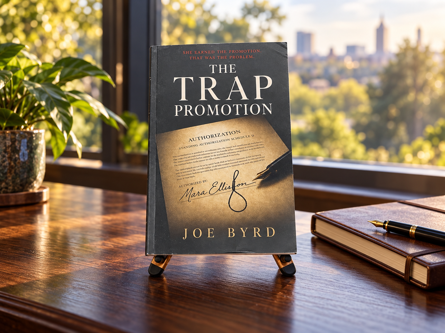 The Trap Promotion by Joe Byrd on a display holder on a writer’s desk beside a sunlit window